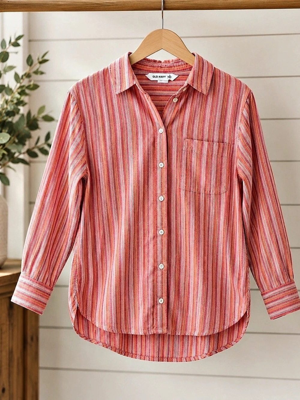 Old Navy The Boyfriend Shirt Striped Button Down Orange & Pink Size XS